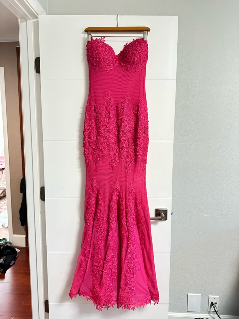 Hot Pink Strapless Lace Appliqué Mermaid Gown